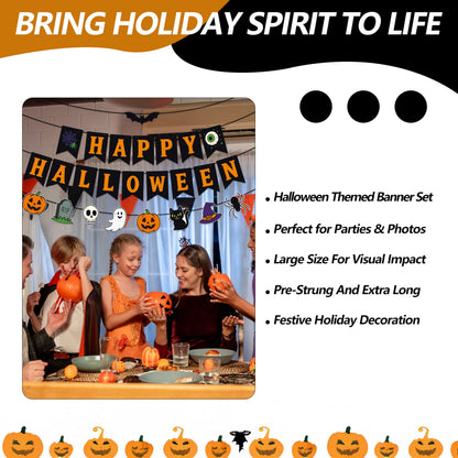 Happy Halloween Banner Garland – Black and Orange Hanging Decoration with Pumpkins, Ghost, Skull, Cat, Witch Hat, Bat, and Spider for Halloween Party, Classroom, Home, Wall, and Photo Booth Decor