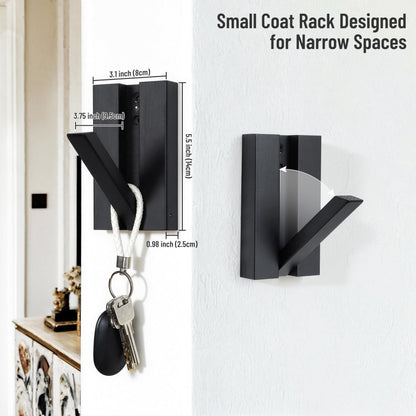 KYIAANY Folding Wall Hooks 2Pack: Black Modern Wooden Coat Hooks Mount for Heavy Duty Hanging Towels Backpack Bags Hats, Space Saving Minimalist Decorative Entryway Hanger for Aesthetic Homeowner