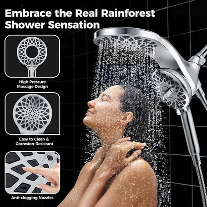 High Pressure Rain Shower Head with Handheld Spray Combo: Detachable Dual Shower Head with 10 Sprays Modes - Upgrade Knob Spray Mode Selector and Magnetic Guidance Docking System