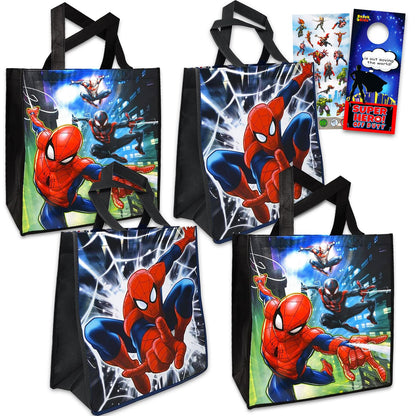 Marvel Spiderman Tote Bag Set for Kids, Adults ~ 6 Pc Bundle with 4 Large Superhero Reusable Grocery Bags, Avengers Stickers, and More | Spiderman Party Supplies and Favors
