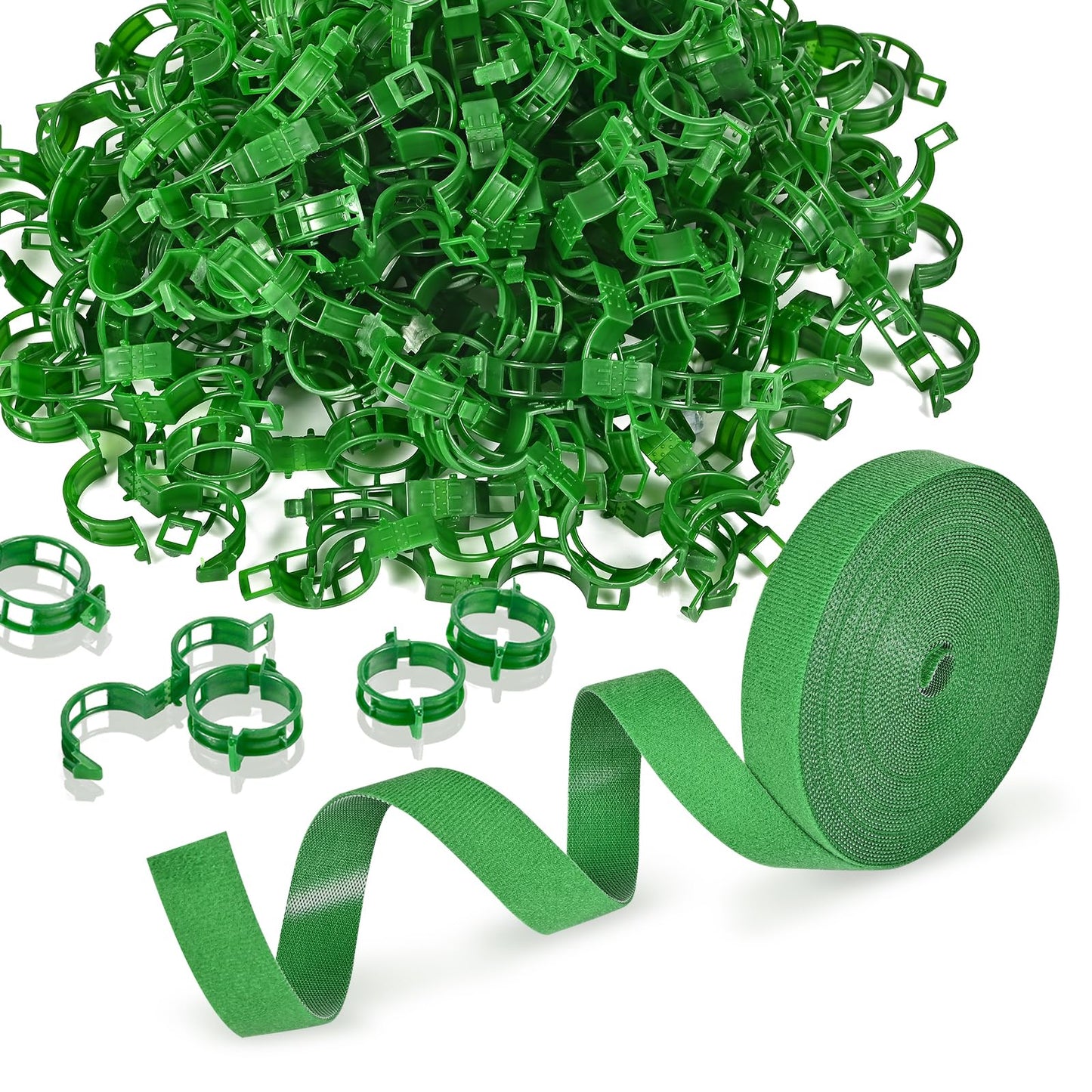 owandan 200Pcs Secured Plant Support Clips with Plant Ties 20mm 33ft - Tomato Clips Garden Tape Strap for Garden Netting Climbing Plants, Fixing Stem and Vine (Green)