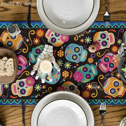 Artoid Mode Suger Skulls Floral Day of The Dead Table Runner, Halloween Seasonal Kitchen Dining Table Decoration for Home Party Decor 13x108 Inch