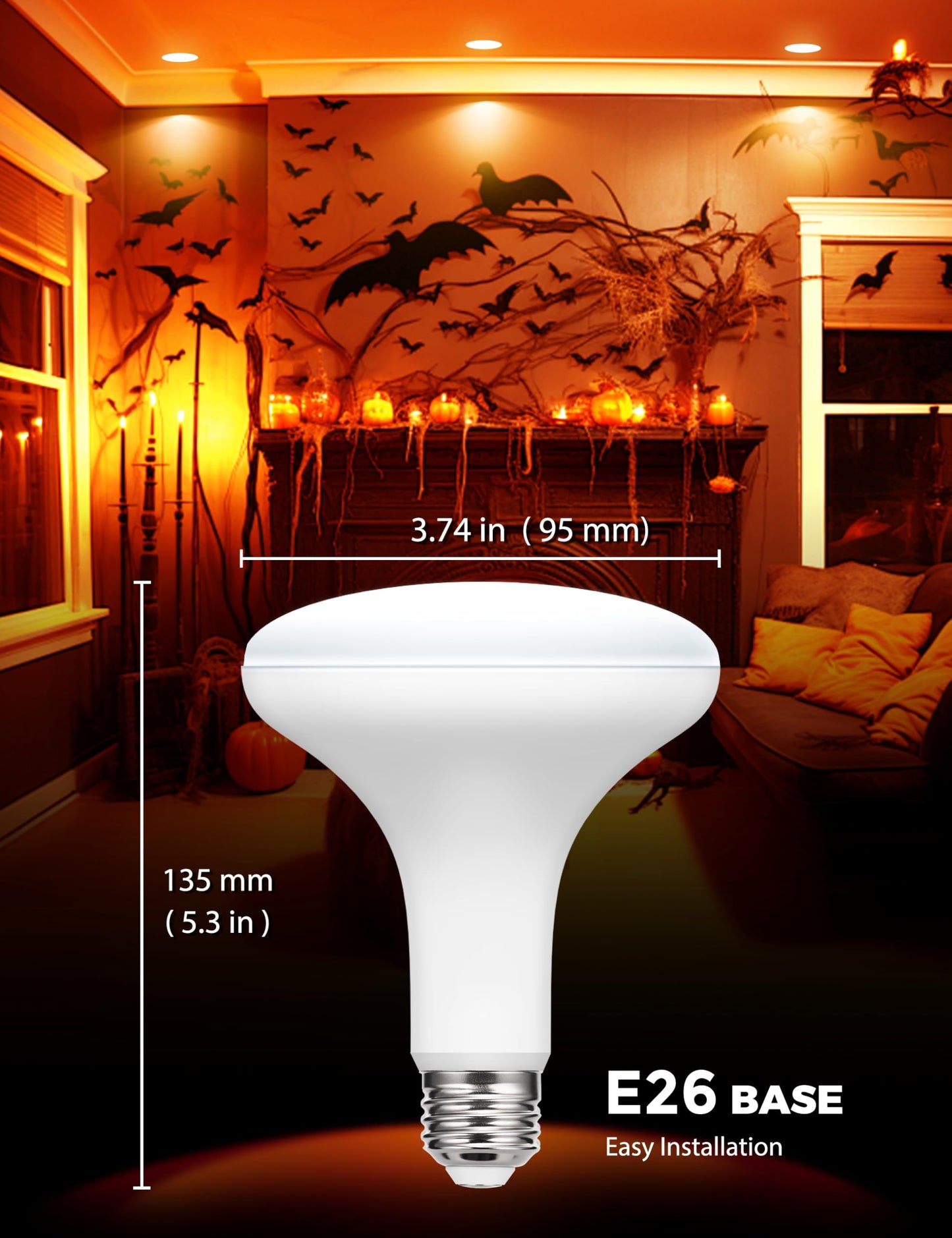 JandCase BR30 Halloween Light Bulbs, E26 Base Halloween Orange Indoor Flood Light Bulbs,Orange Flood Light Bulbs for Halloween Decoration,11W(65W Equivalent),Not-Dimmable, 2 Pack
