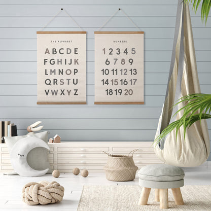 Bon et Beau 16 x 24 Inch Embroidered Number Poster Framed with Wood Hanger - Neutral Gray Wall Décor for Boys Nursery, Bedroom, Playroom, Toddler and Kids Room