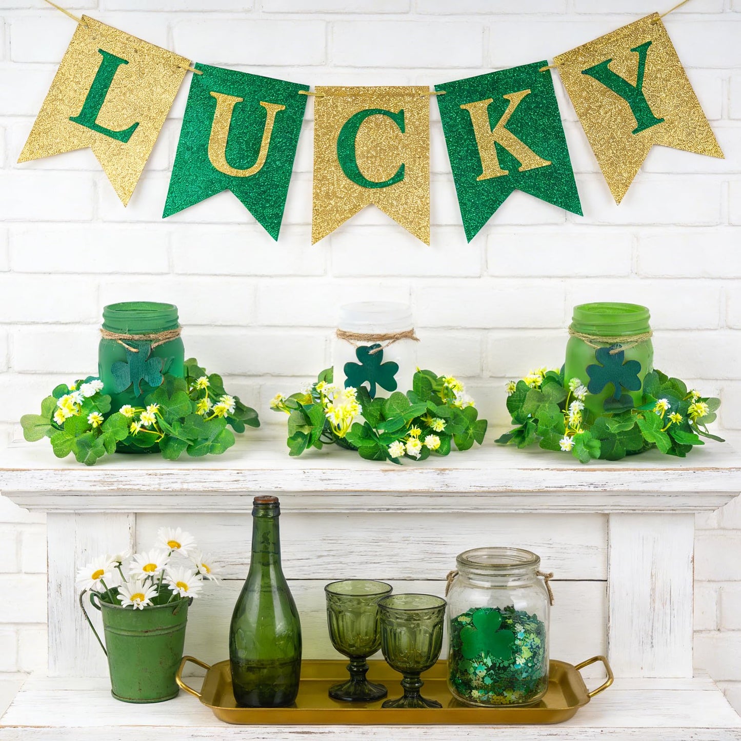 St. Patrick’s Day Mason Jar Decor Set of 3 – Green Farmhouse Table Centerpiece with Shamrock Wreath & Wooden Clover Accents, Irish Spring Home Decorations