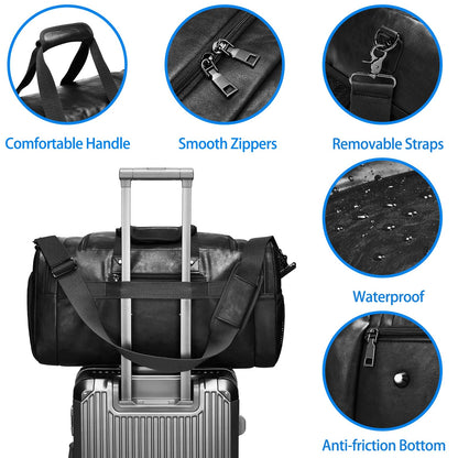 Leather Travel Duffle Bags for Men Women, Weekender Overnight Bag with Shoe Compartment Waterproof Carry on Duffle Bags for Airplanes Gym Sport Business Bag