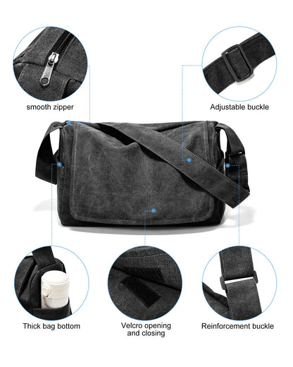 VENATIN Vintage Canvas Messenger Bag for Men & Women, Large Crossbody Shoulder Bag Leisure Shoulder Sling Bags Handbag for Travel, Business Bookbag Fits 15.6 inch Laptop, Black