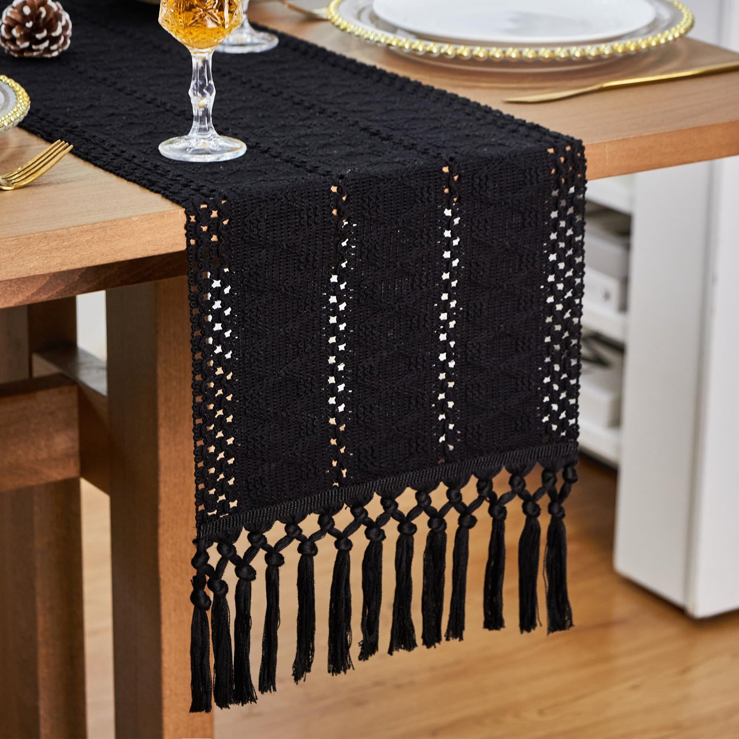 FEXIA Black Table Runner for Summer Home Decor with Tassels 90 Inches Long Farmhouse Rustic Black Halloween Table Runner Macrame Gothic Burlap Table Decoration for Living Room (12x90 Inches)