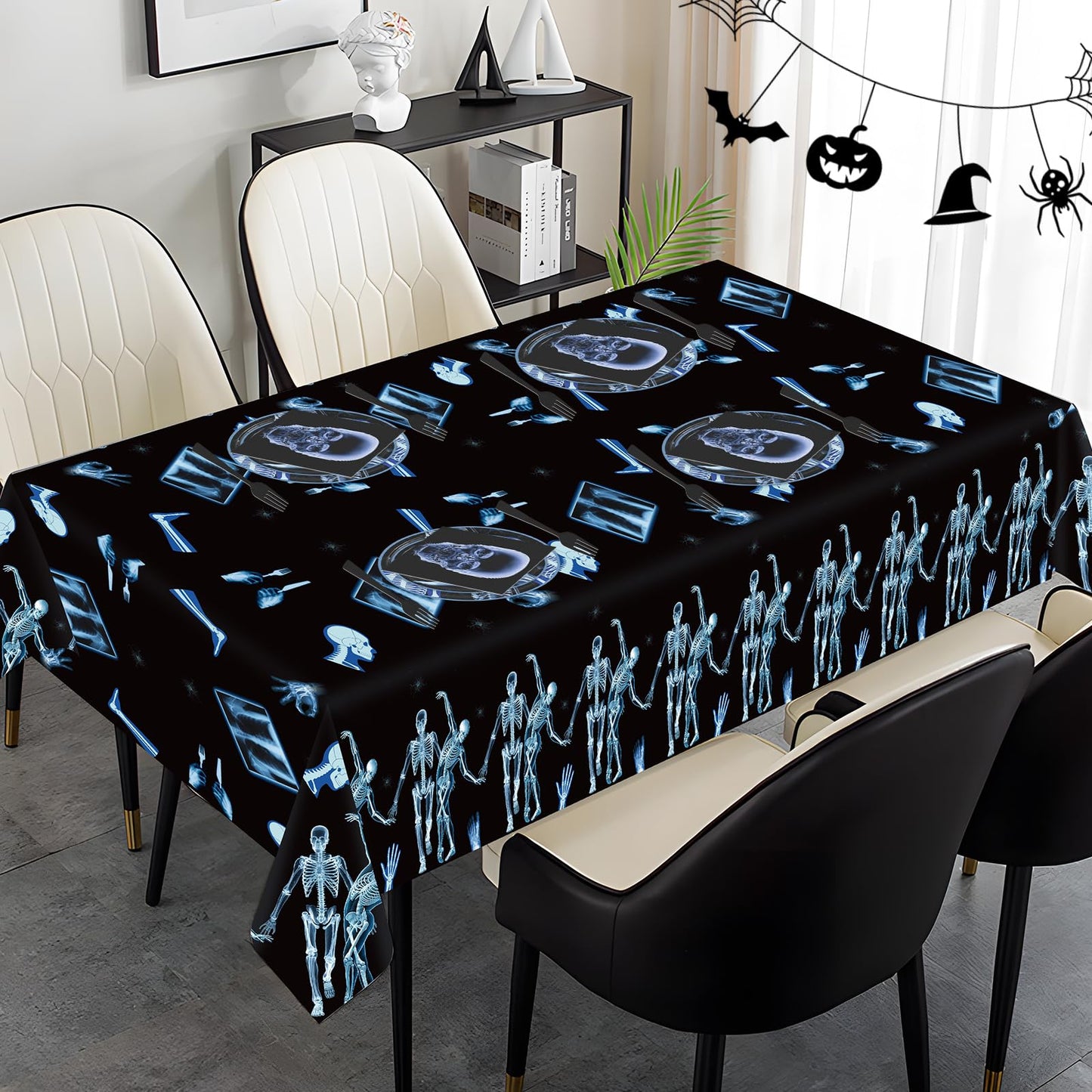 3 Pack Radiology X Ray Theme Disposable Tablecloths Halloween Funny Dancing Skeleton Table Cover Plastic Waterproof Table Cloth for Medical Party Radiology Doctor Birthday Graduation, 54 x 108 Inch