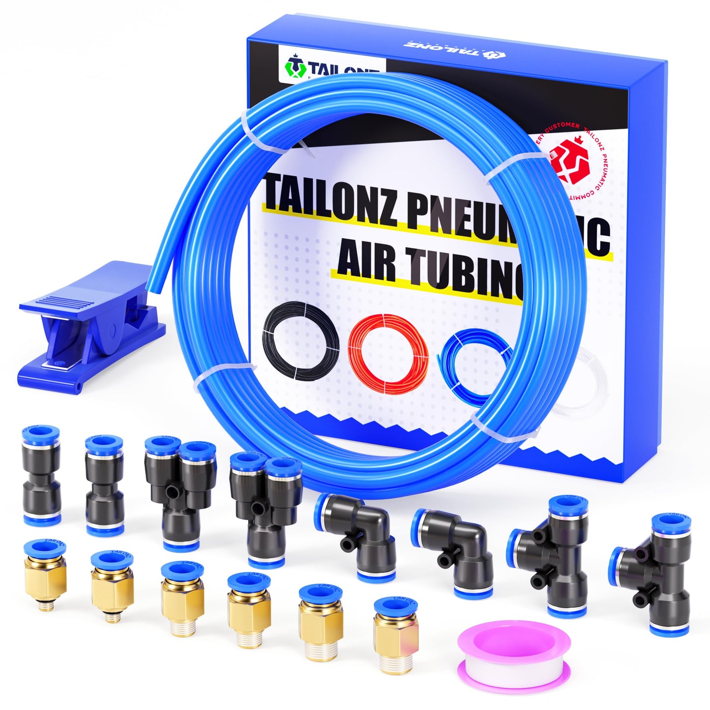 TAILONZ PNEUMATIC Blue 6mm OD 4mm ID Polyurethane PU Air Hose Pipe Tube Kit 10 Meter 32.8ft