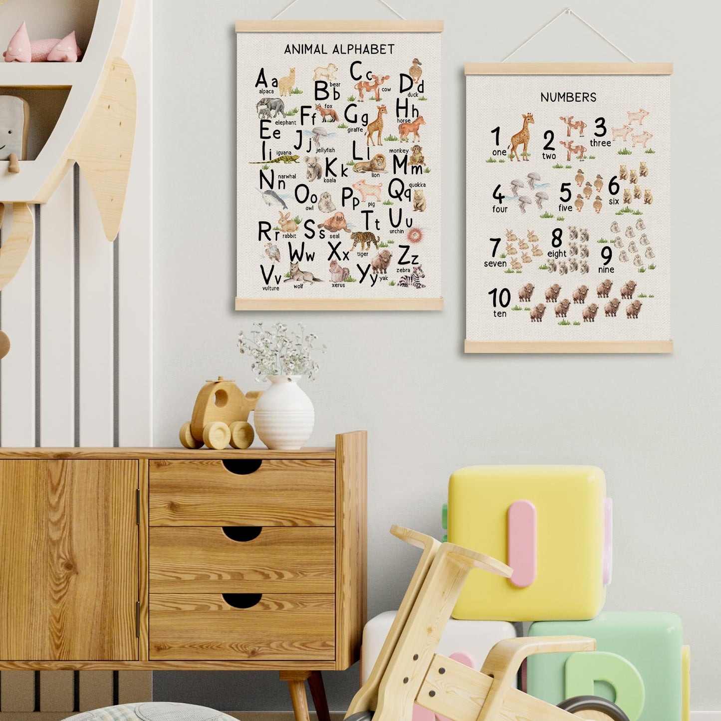MOTERMATE Animal Nursery Alphabet Numbers Poster Hanger Frame, ABC Alphabet 1 to 10 Numbers Wall Hanging Decor Art Framed for Kids Nursery Room Classroom, Kids Wall Poster Prints, 12x16 Inch Set of 2