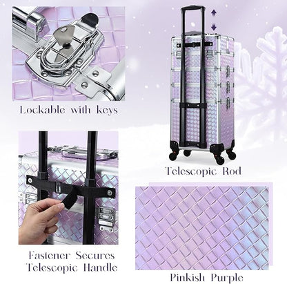 Stagiant Rolling Makeup Case Cosmetology Case on Wheels 4 in 1 Makeup Travel Case Extra Large Cosmetic Box with Key Make Up Artist Traveling Storage Nail Case Salon Barber Cart Trunk Pinkish Purple