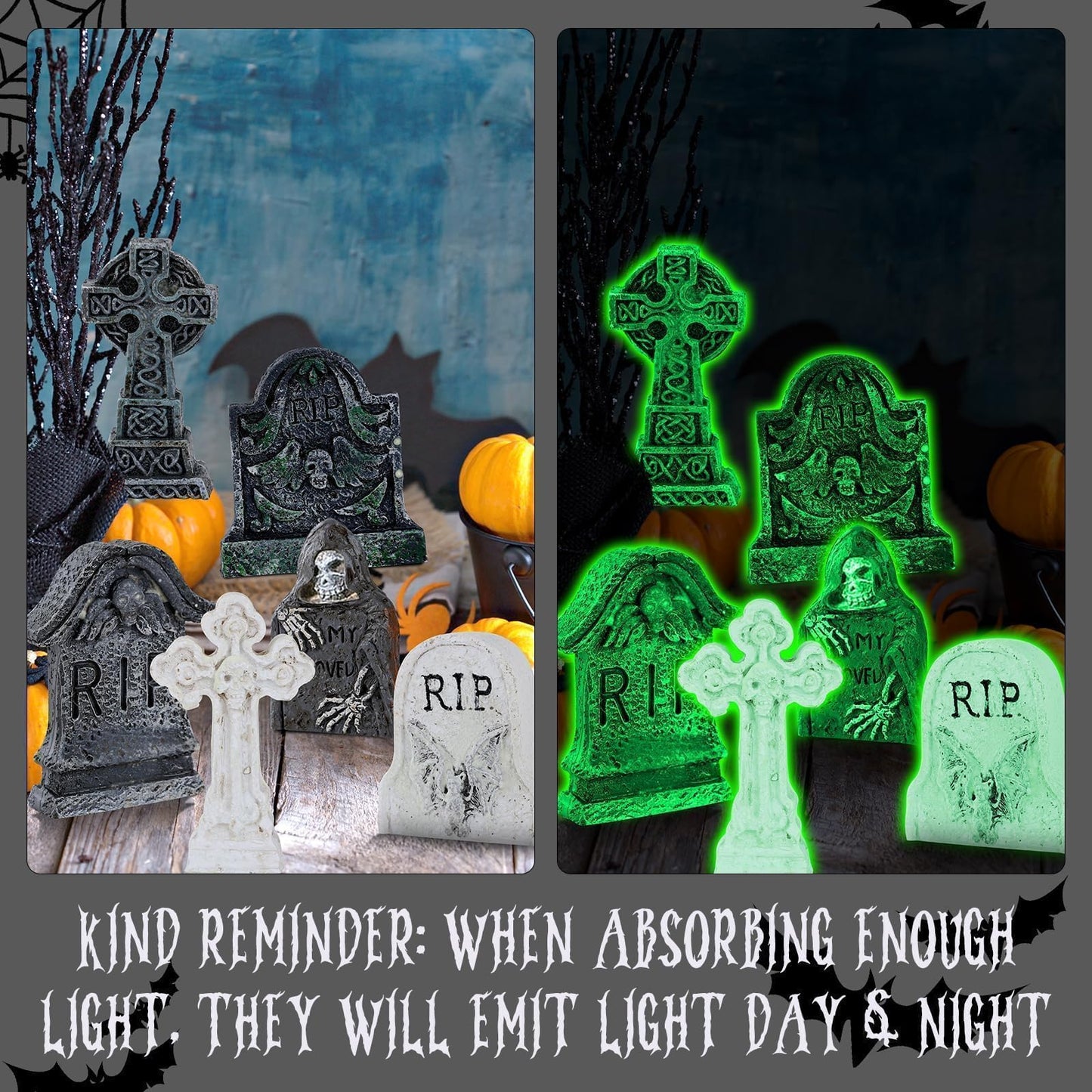 YLOLUL 48 Pcs Fluorescent Halloween Village Accessories Miniature All Saints' Day Figurines Glow in The Dark Mini Tombstones Skeleton Tiny Trees for Halloween Town Decorations Party Table Decor