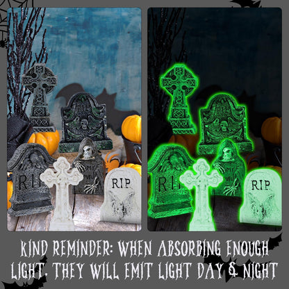 YLOLUL 48 Pcs Fluorescent Halloween Village Accessories Miniature All Saints' Day Figurines Glow in The Dark Mini Tombstones Skeleton Tiny Trees for Halloween Town Decorations Party Table Decor