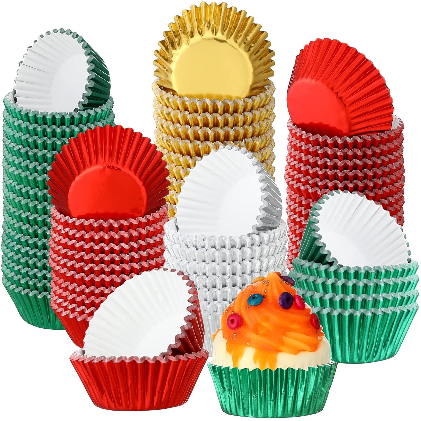 WILLBOND 1200 Count Christmas Foil Mini Cupcake Liner 1.25 Inch Baking Cups Muffin Liners Cupcake Wrappers Foil Metallic Case Liners for Christmas Weddings Birthdays Baby Showers Party, 4 Colors