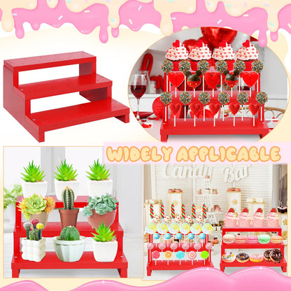 KHayRovies 2 Pcs Cake Pop Stand, 3 Tier Wood Cake Pop Holder Display Risers with Twist Ties Lollipop Sticks, 33 Hole Lollipop Holder for Dessert Table of Wedding Birthday Party (Red-2P)