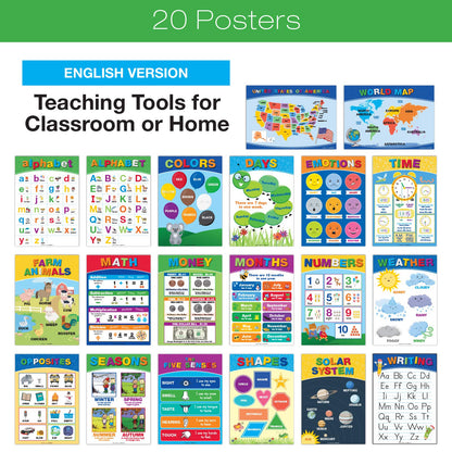 Global Printed Products, 20 Extra Large Educational Poster For Kids (24x17 Double Sided English/Spanish) Alphabet Color Letter Numbers Shapes Months Days Weather Time Animals Solar System Seasons Map