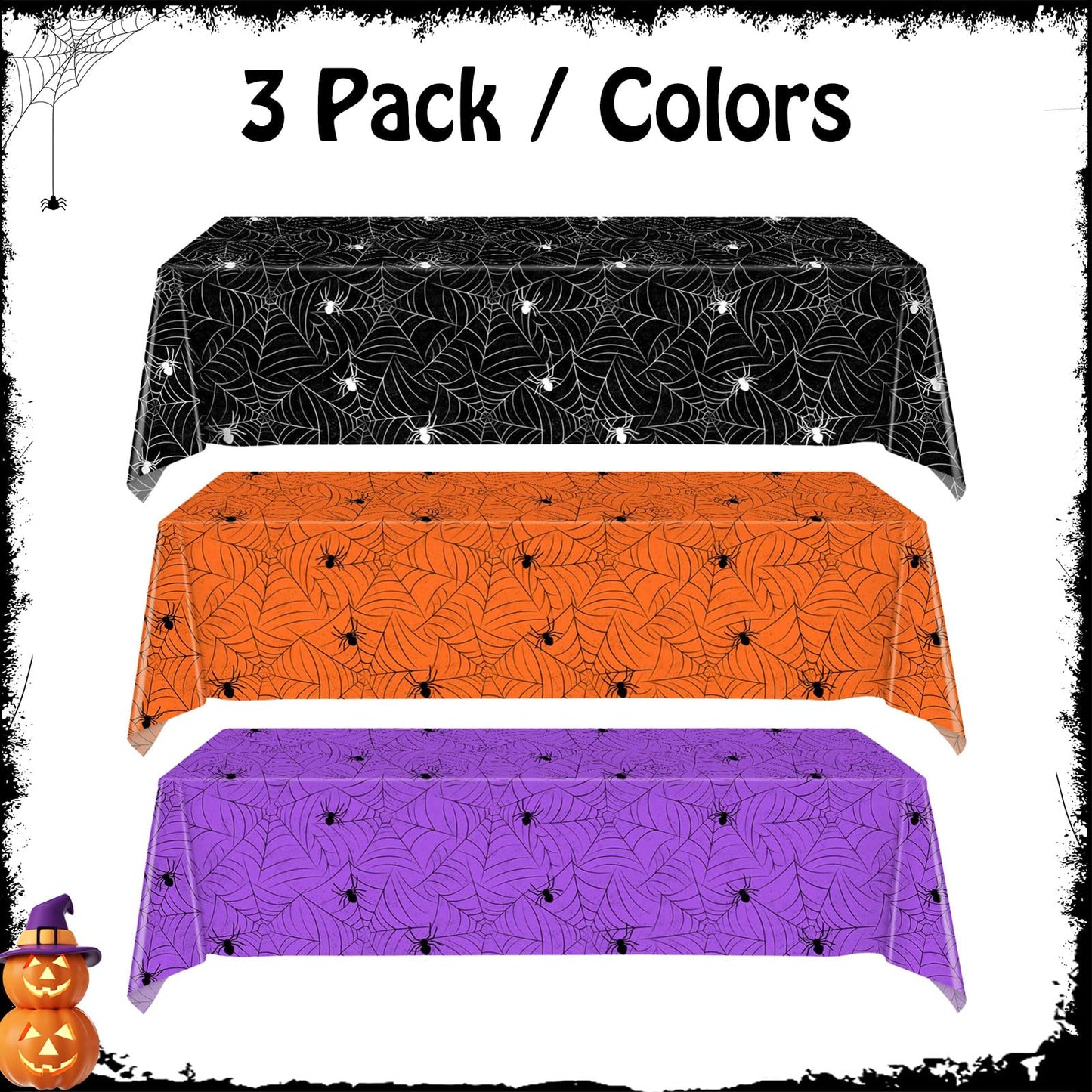 Sundonix Halloween Tablecloth Plastic Disposable - Table Cloth Cover Party Decorations for Rectangle Tables Black Spider Web Purple Orange 54x108 Inch(3 Pack)