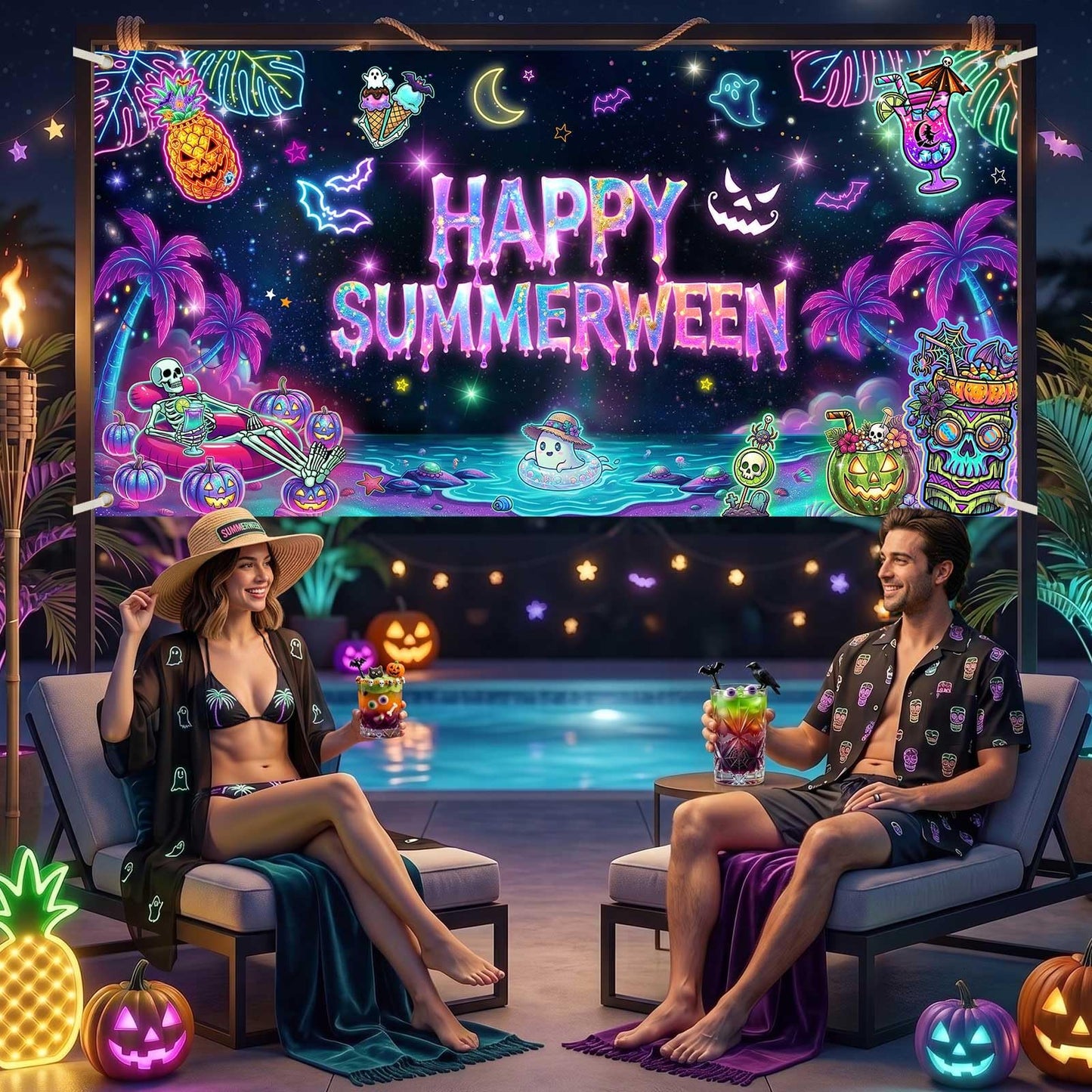 Printspree Summerween Banner Halloween Decorations - 70.8x35.4 Inch Summer Halloween Party Backdrop for Home Pink Pumpkin Tropical Palm Tree Beach Summerween Party Supplies Wall Decor