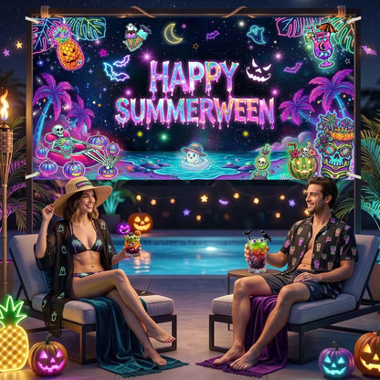 Printspree Summerween Banner Halloween Decorations - 70.8x35.4 Inch Summer Halloween Party Backdrop for Home Pink Pumpkin Tropical Palm Tree Beach Summerween Party Supplies Wall Decor
