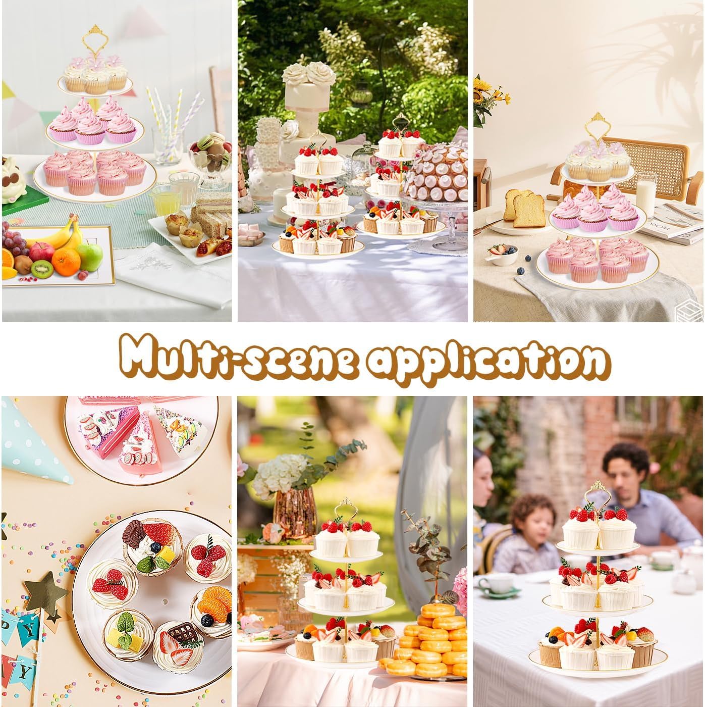 DI QIU REN 8PCS Cake Stand Set, Plastic Cupcake Stands with Gold Rim, Dessert Display Stands Set for Wedding Birthday Party Tea Party
