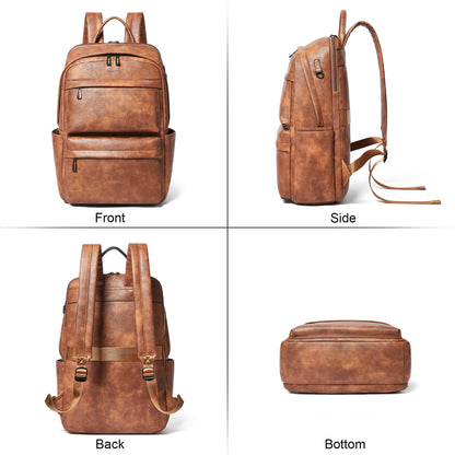 tiamyi Vegan Leather Backpack for Women and Men, Fits 16.0 Inch Laptop, Multi-Pocket Design with Water Bottle and Luggage Strap, Ideal for Work, Travel, and Daily Use, Brown