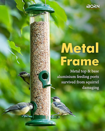 iBorn Metal Bird Feeders Hanging Wild Bird Seed Feeder for Mix Seed Blends, Niger Seed Feeder, Sunflower Heart, Birdbath, Heavy Duty All Metal Green Finishing 15 Inch 4Port