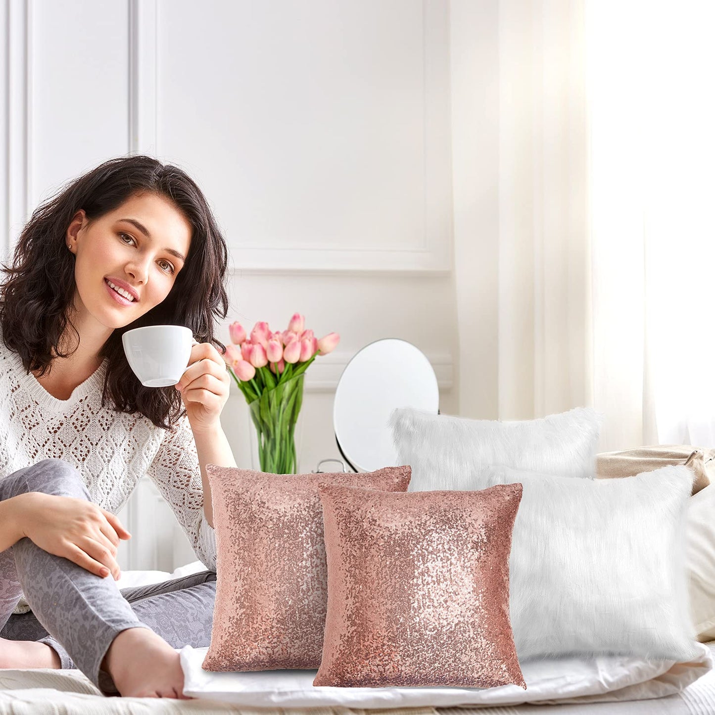 Irenare 4 Pcs Sequin and Fluffy Pillow Covers Winter Throw Pillow Cases Soft Cushion Cover for Couch Bed Sofa Xmas Day (White, Rose Gold,18 x 18 Inch)