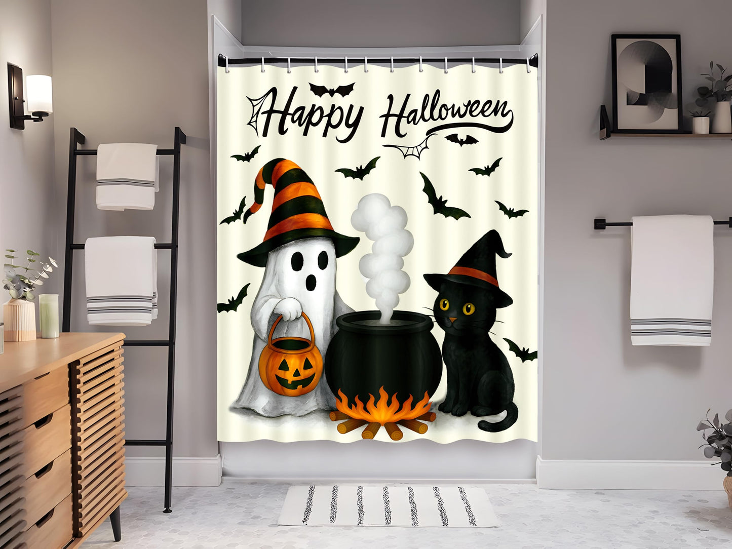 Tieshankao Halloween Bathroom Decor Ghost Cat Pumpkin Shower Curtain Spooky Decorations with 12PCS Hooks 72x72 Inch