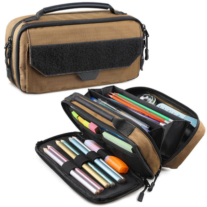 RXW Large Capacity Pencil Case Pouch for Boys, Zippered Tactical Pencil Bag Carry Handle, Small Tool Pouch for Adults (includes US Flag Patch + 2 MOLLE Straps)