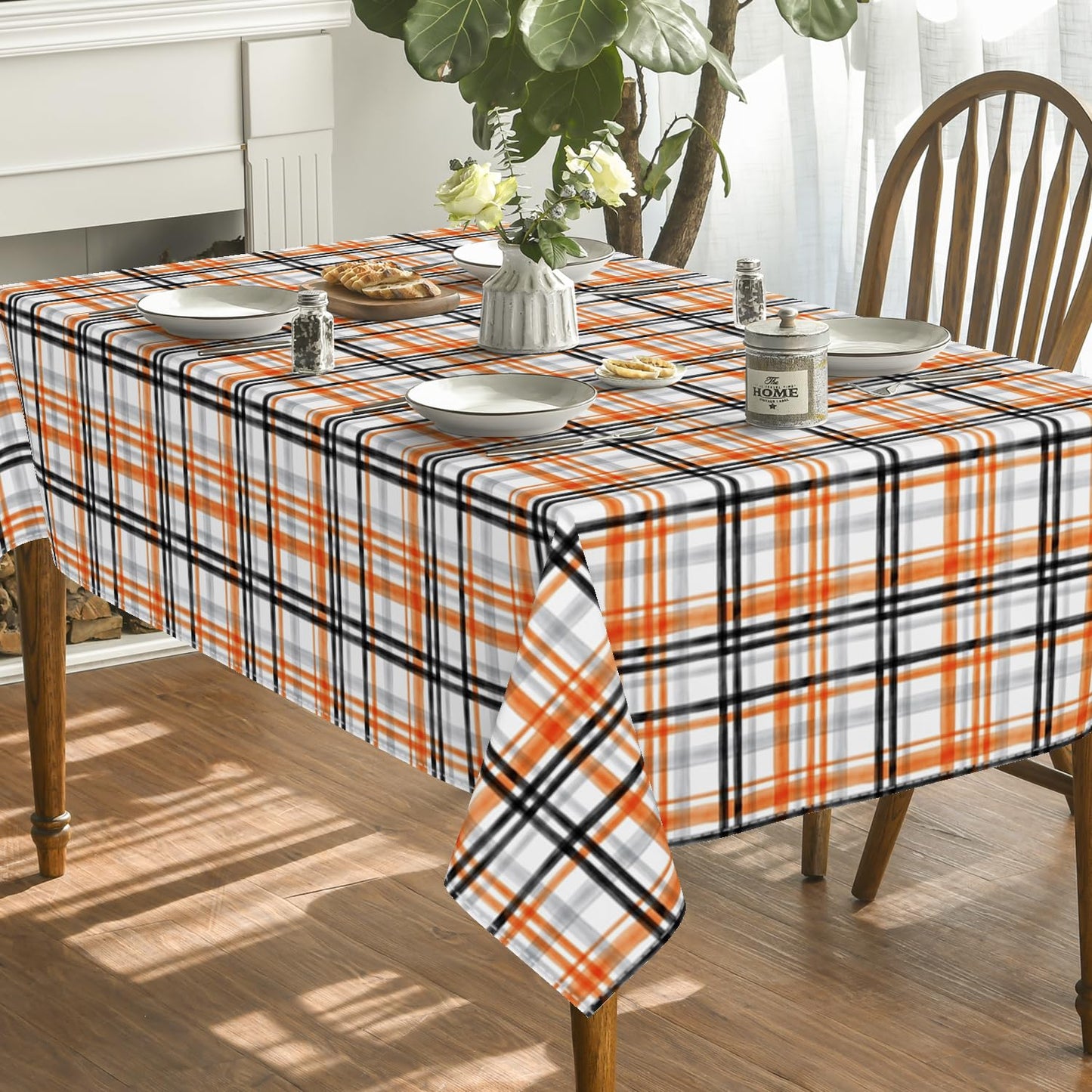 Horaldaily Halloween Tablecloth 52x70 Inch Rectangular, Fall Orange Buffalo Plaid Washable Table Cover for Party Picnic Dinner Decor