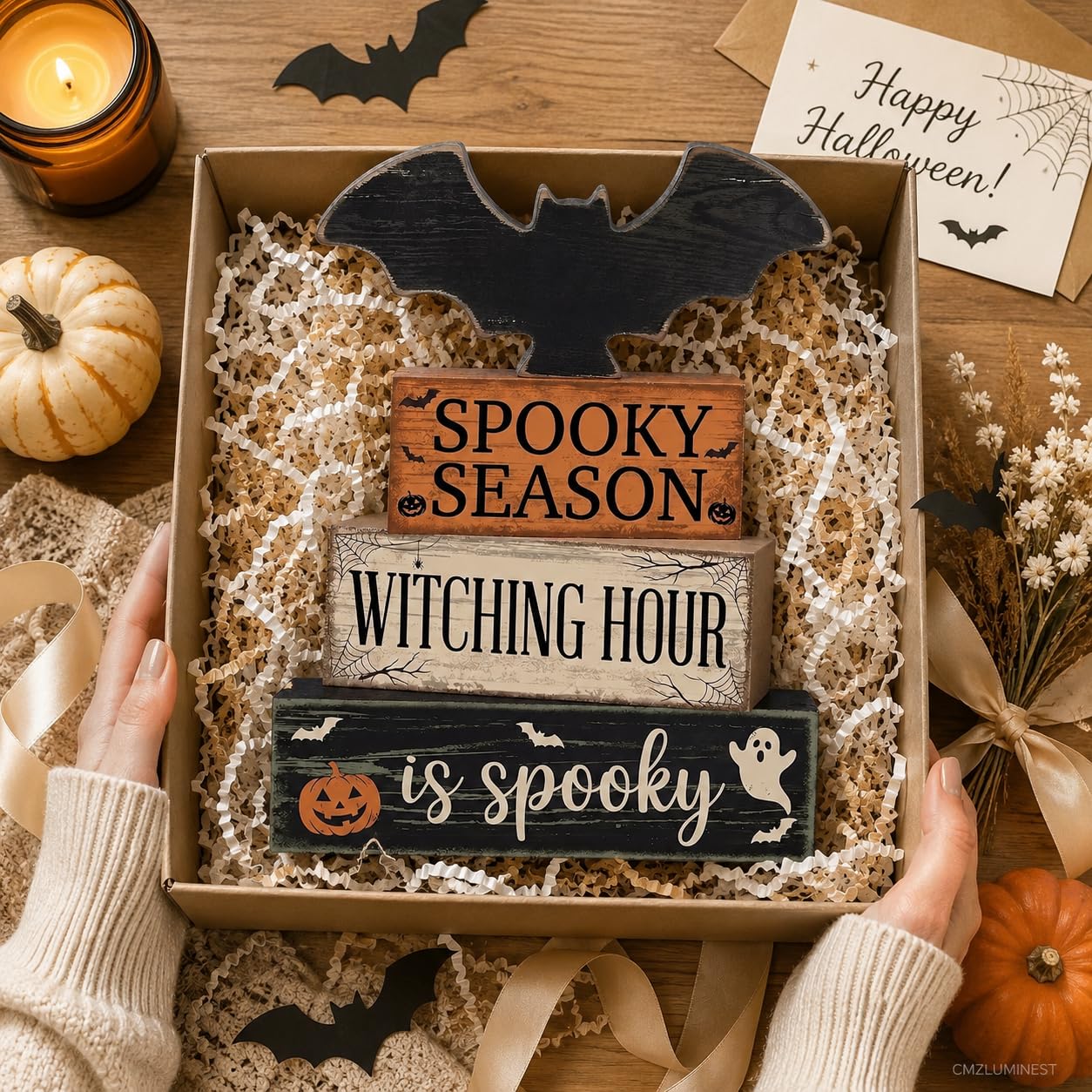 4 Pcs Halloween Table Decorations, Wooden Bat Tiered Tray Decor, Farmhouse Rustic Block Signs, Spooky Season Tabletop Centerpiece for Home Kitchen Shelf Office Mantel