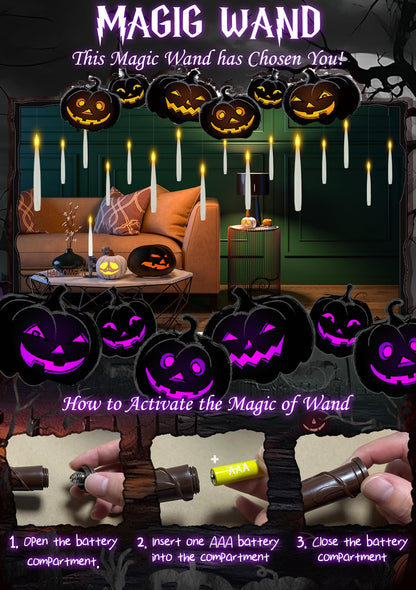 Dreacompy Halloween Decoration, Floating Candles with Wand, 10 PCs Flameless Magic Hanging Candles with 11 AAA Battery, Flickering Warm Light Floating LED Candle Taper Candle Set Birthday, Xmas Gift
