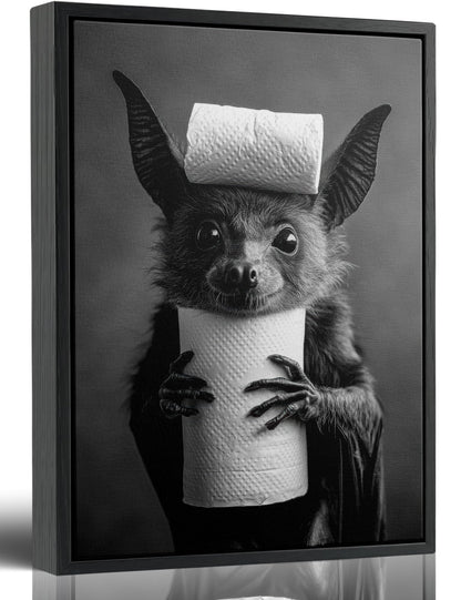 Funny Bat Bathroom Framed Wall Art, Black and White Cute Bat with Toilet Paper Wall Decor, Humorous Animal Bathroom Canvas Print for Restroom, Powder Room, Toilet, Home Decoration 8x10 Inch