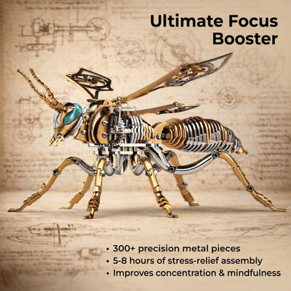 Gold-Plated Metal Bee Model Kit - 3D Stainless Steel Mechanical Insect Puzzle for Adults - Steampunk Bionic Wasp Sculpture - Executive Desktop Art and Stress Relief Gift (Bee-Rose-Gold)