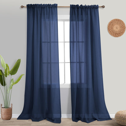 KOUFALL Navy Blue Curtains 84 Inch Length,Sheer Rod Pocket Linen Look Dark Blue Masculine Nautical Curtains for Boys Bedroom Living Room 2 Panels Set Indigo