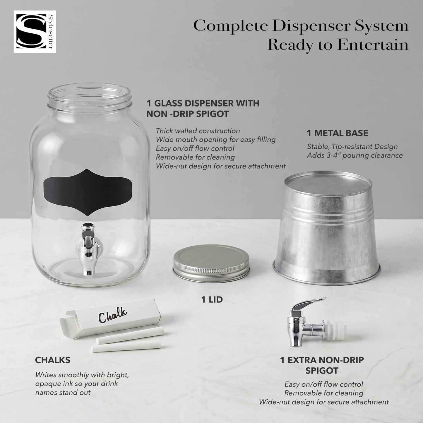 Style Setter Bristol Beverage Dispenser with Blackboard and Ice Bucket Stand Cold Drink Wine Juice with 1 Gallon Capacity Glass Jug and Leak-Proof Acrylic Spigot Great for Parties, Weddings and More