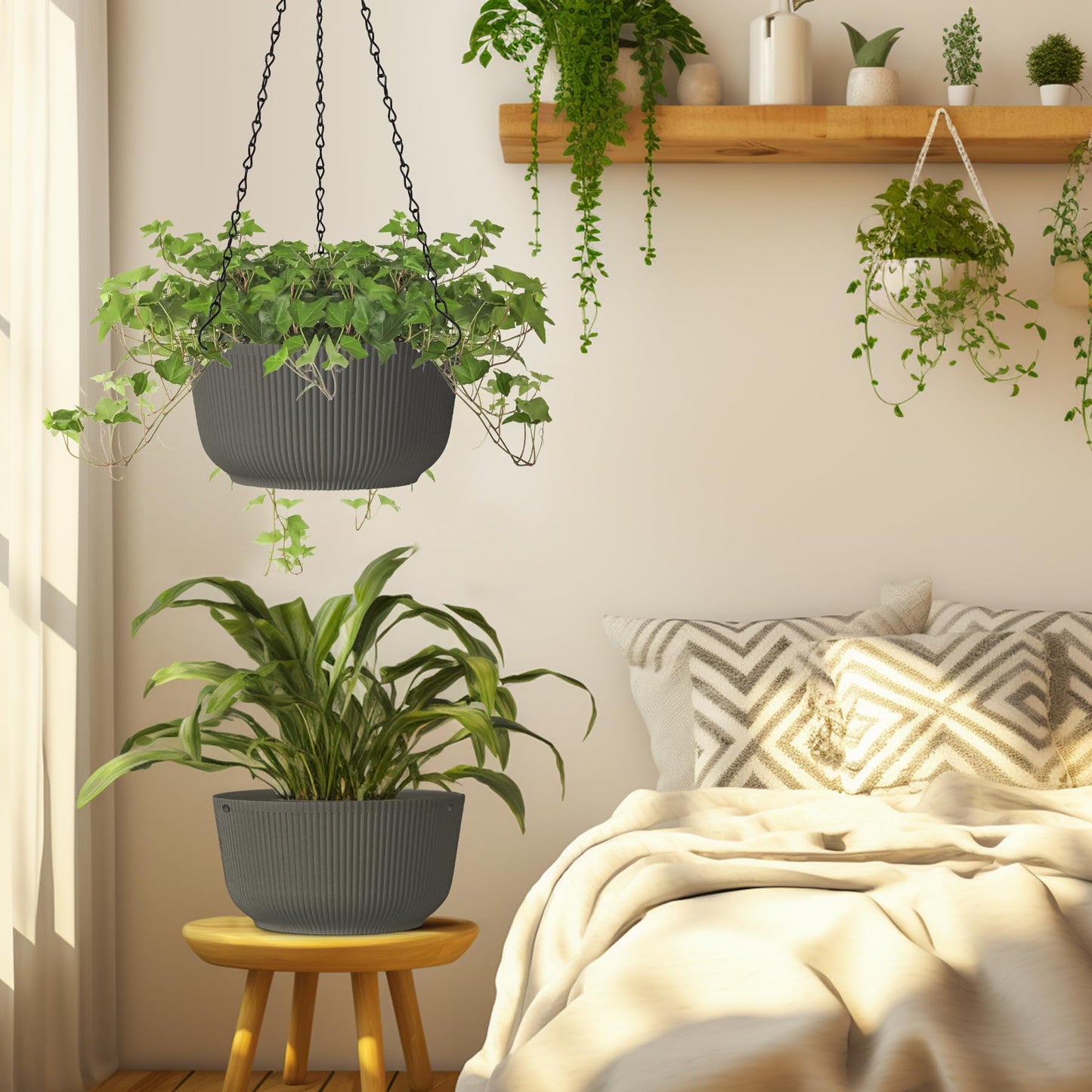 T4U 10 Inch Hanging Planters for Indoor Outdoor Plants, Hanging Plant Pot Pack of 2, Self Watering Hanging Pots with Drainage Hole & Plug & Chain with 3 Hooks for Garden Home Decor, Grey