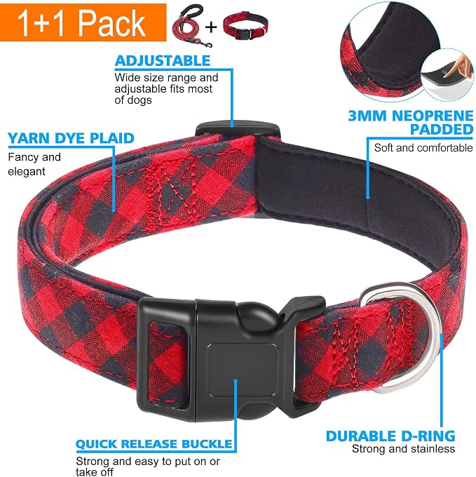 Ladoogo Reflective Dog Collar Padded with Soft Neoprene Breathable Adjustable Nylon Dog Collars for Small Medium Large Dogs (Medium (Pack of 1), Red Plaid Collar+Leash)