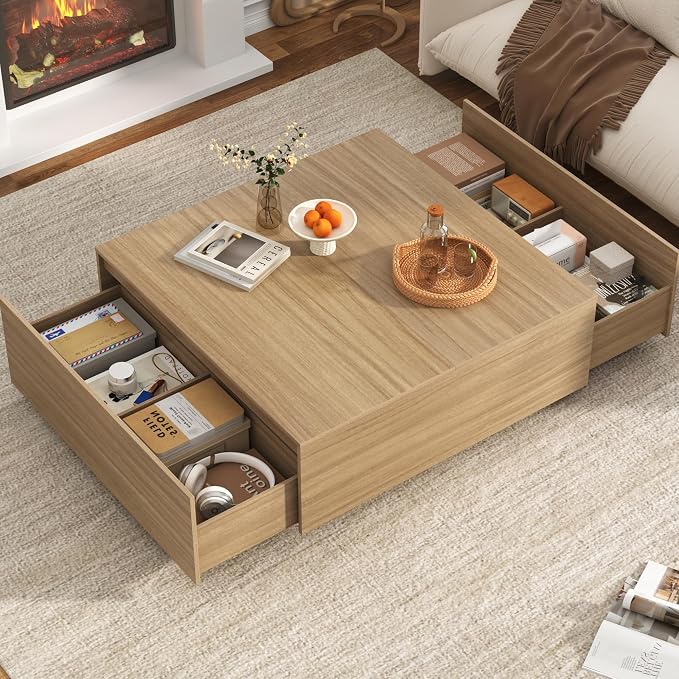 47” Square Coffee Table with Storage, 47" D x 47" W x 17" H Modern Large Square Center Table with 2 Drawers,Wood Coffee Table for Living Room,Bedroom（Light Brown）