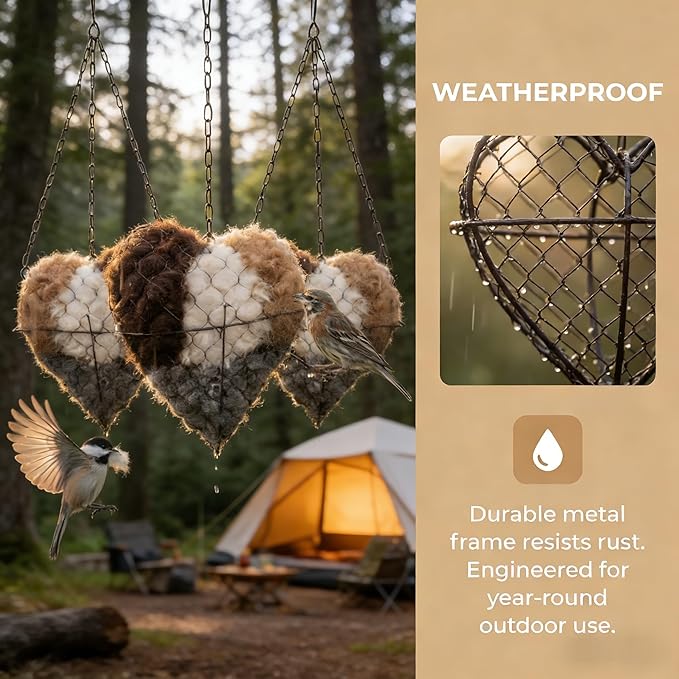 Handmade Alpaca Fiber Bird Nesting Heart with 2 Refill Bags, Reusable Nesting Material Accessory for Wild Birds, Outdoor Garden Decoration, Gift for Bird & Nature Lovers (1 Sets)