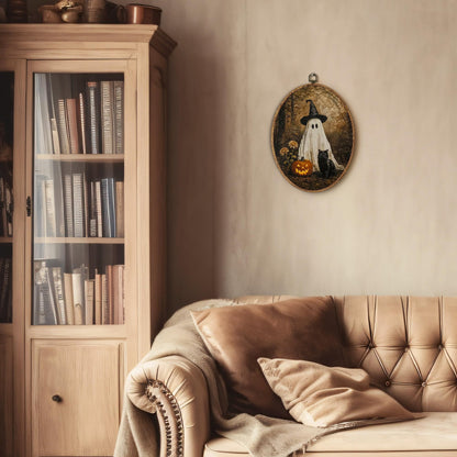fZSZSD Halloween Witchy Ghost Pumpkin Black Cat Oval Wall Art Decor, Moody Fall Oval Framed Canvas Art Prints, Rustic Forest Spooky Wall Hanging Decor for Home Bedroom Living Room, 8.5x11.5 Inch