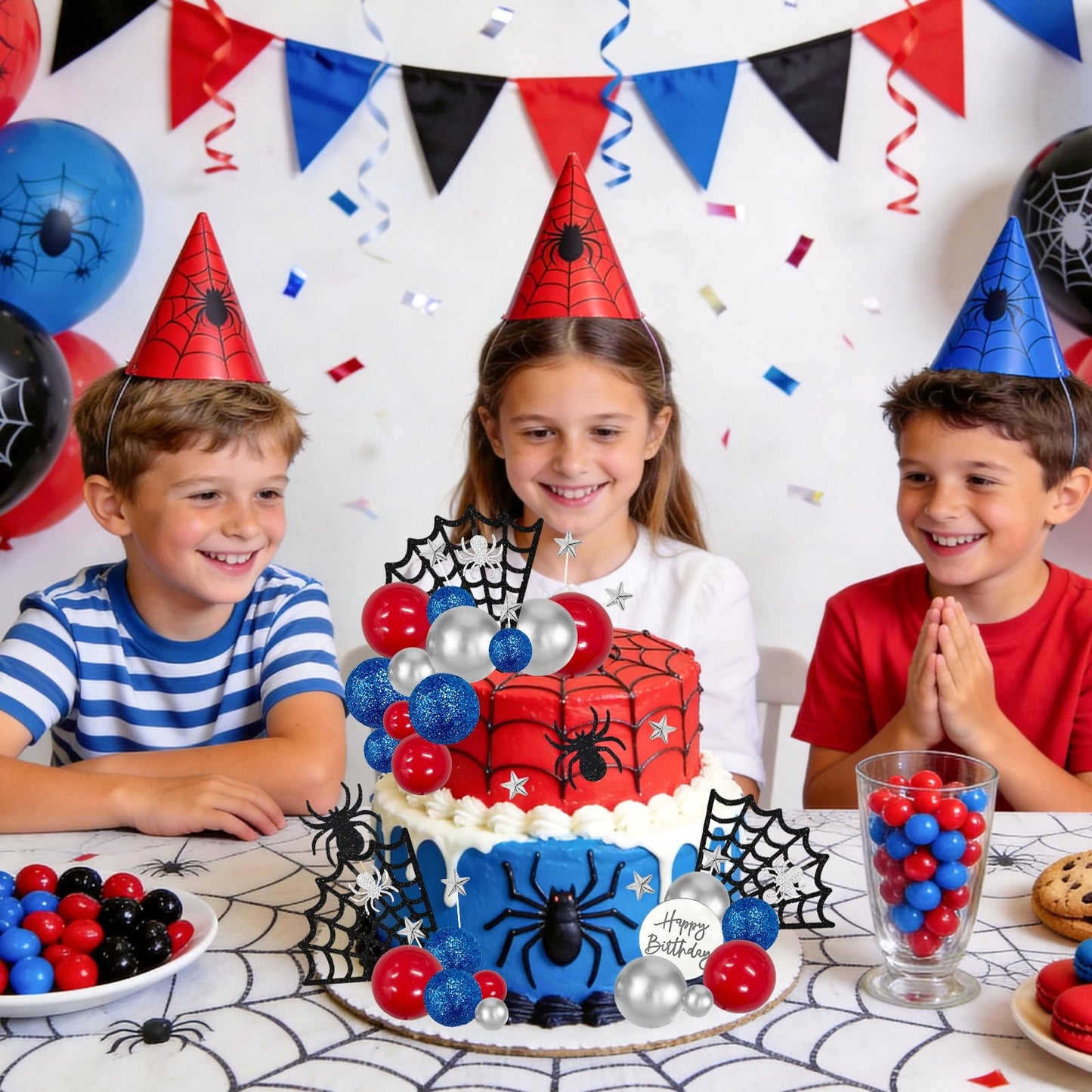 ZWLIYCHN Spider Cake Topper 39Pc Spider Web Cake Decorations Spiders Themed Birthday Cake Topper Spiders Cupcake Picks with Star Red Silver Blue Balls Cake Decors for Halloween Boys Men Birthday Party