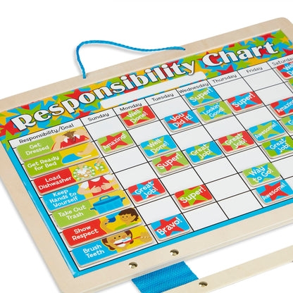 Melissa & Doug Magnetic Responsibility Chart and Kids Calendar - Wooden Chore Chart for Kids with 89 Magnets, Preschool Learning Activities for Ages 3+