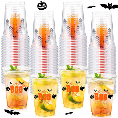 Tiangrid 100 Pcs Halloween Plastic Cups Bulk 16 oz Disposable Halloween Boo Party Cups Spooky Clear Plastic Glasses for Trick or Treat Scary Party Supplies Cold Drinks