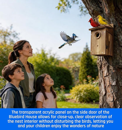Natural Wood Birdhouse for Outside, Wooden Nesting Box with Circular Entrance Hole and Perch， Blue Bird Houses for Outdoors with Clear View Panel & Predator Guard for Blue Robin, Wren, Swallow