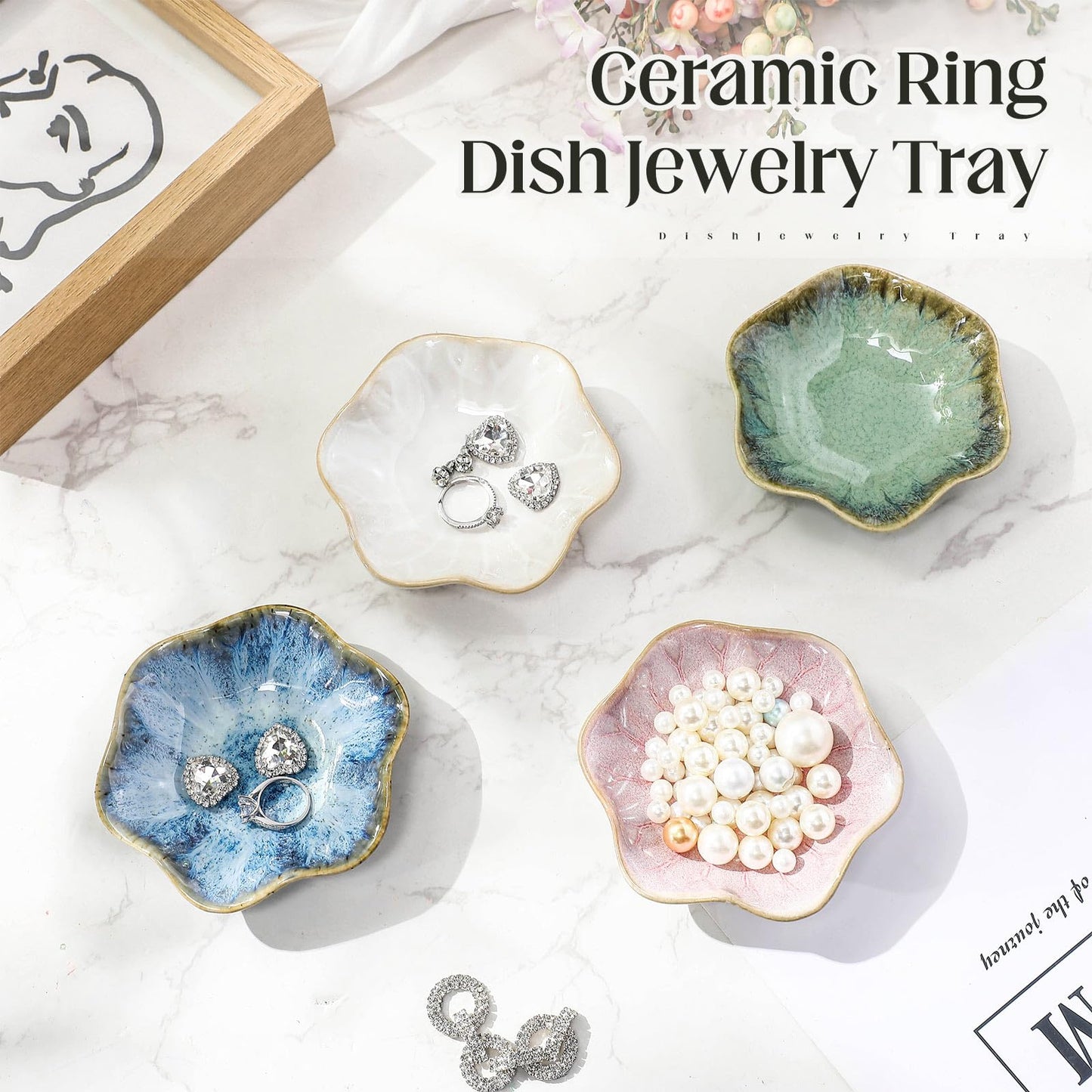 LOYIM 4 Pack Small Jewelry Dish Ceramic Trinket Holder Dish Tray for Rings Earrings Necklaces Bracelets 4.3 x 3.9 Inch Key Bowl Women's Birthday Mother's Day Wedding Gift