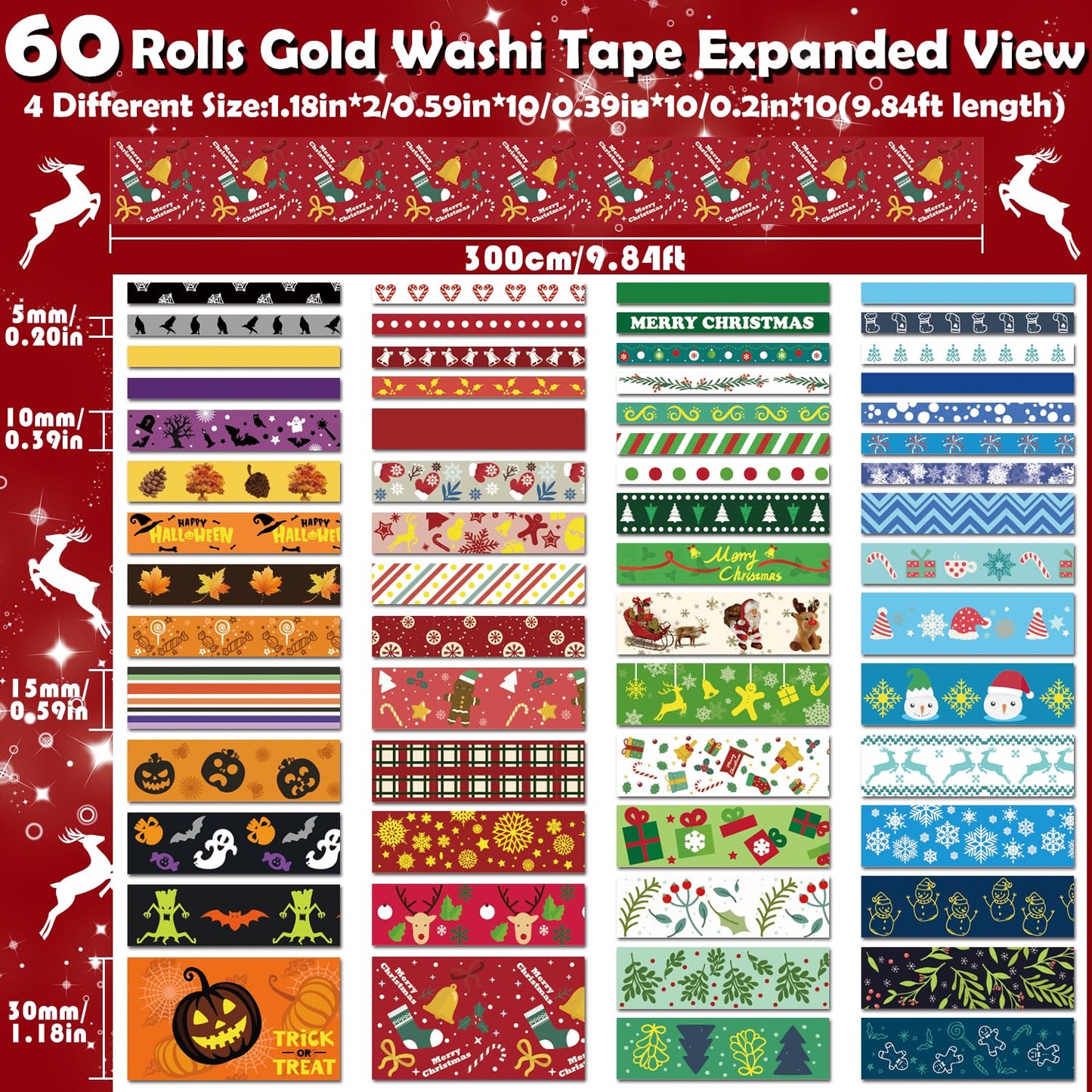 NIKOMIE 60 Rolls Holiday Washi Tape Set,4 Sizes Decorative Masking Tape Christmas Thanksgiving Fall Halloween Winter Washi Tape for Journaling Supplies Scrapbook Journal Bullet