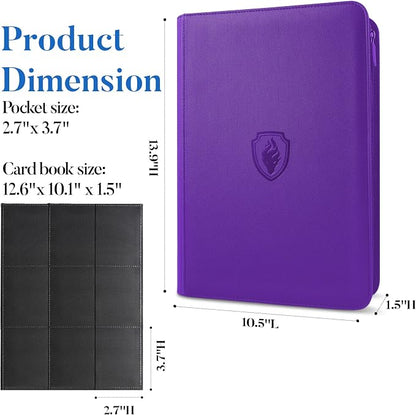 Premium Zip Card Binder, Fabmaker 9 Pocket Trading Card Binder, PU Cover Zipper Card Collection Album, Sturdy 360 Side-Loading Card Folder Holder for Game & Sports Cards, Purple