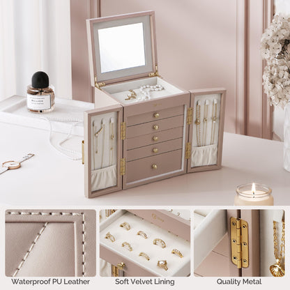 BIQI MUSSE Jewelry Box for Women, 6-Tier Jewelry Organizer Box with Mirror, 5 Drawers Jewelry Storage Case for Ring Necklace Earring Bracelet, Light Taupe
